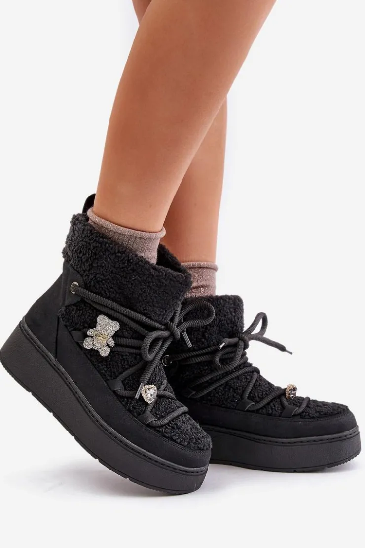 Hot Boto Śniegowce Damskie Z Przypinkami I Futerkiem Typu Baranek Czarne Almatiza