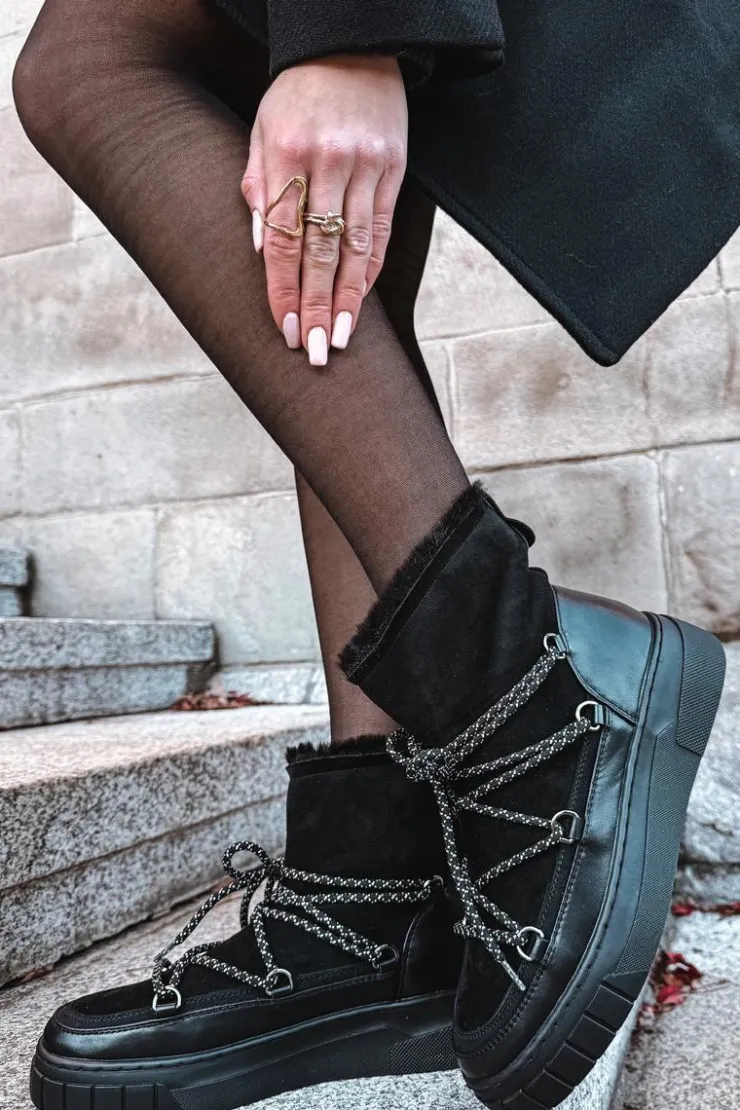 Damskie Boto Śniegowce Damskie Z Wiązaniem Czarne Isalisse