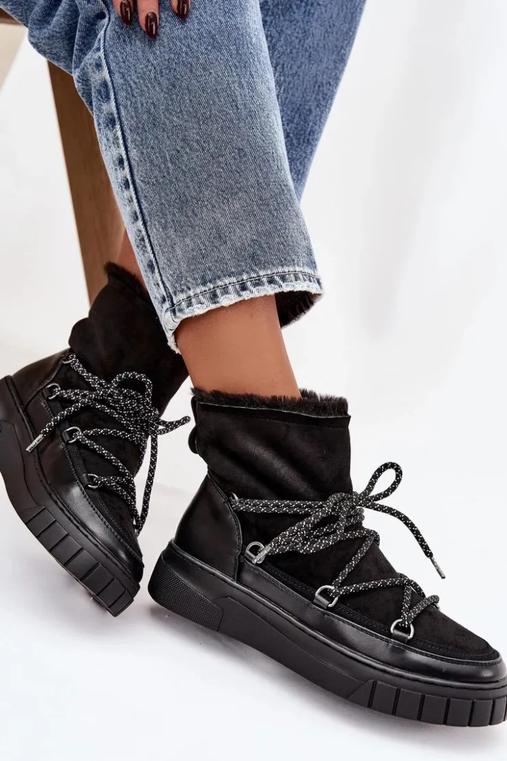 Damskie Boto Śniegowce Damskie Z Wiązaniem Czarne Isalisse