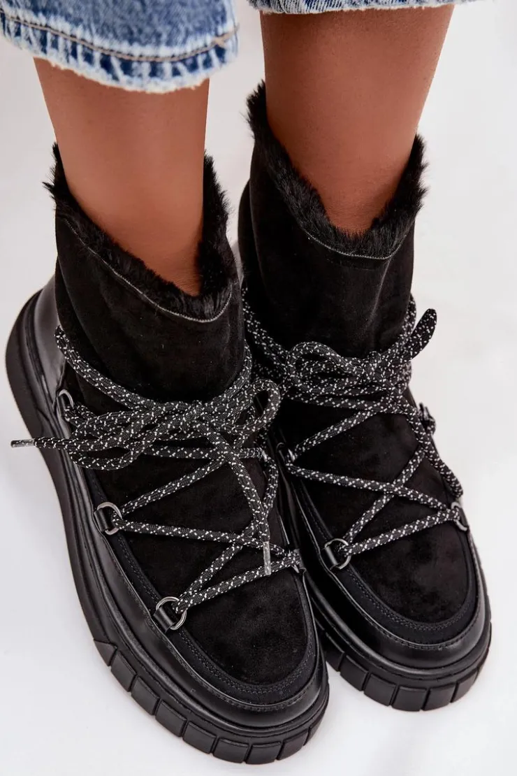 Damskie Boto Śniegowce Damskie Z Wiązaniem Czarne Isalisse