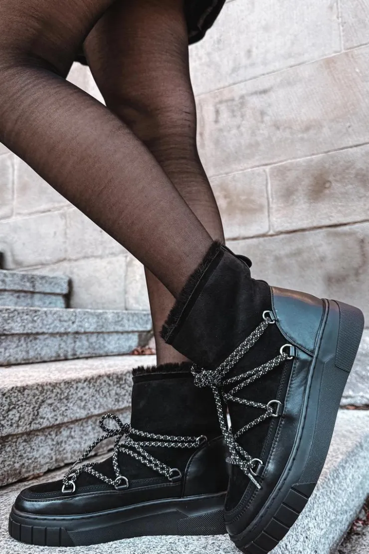 Damskie Boto Śniegowce Damskie Z Wiązaniem Czarne Isalisse