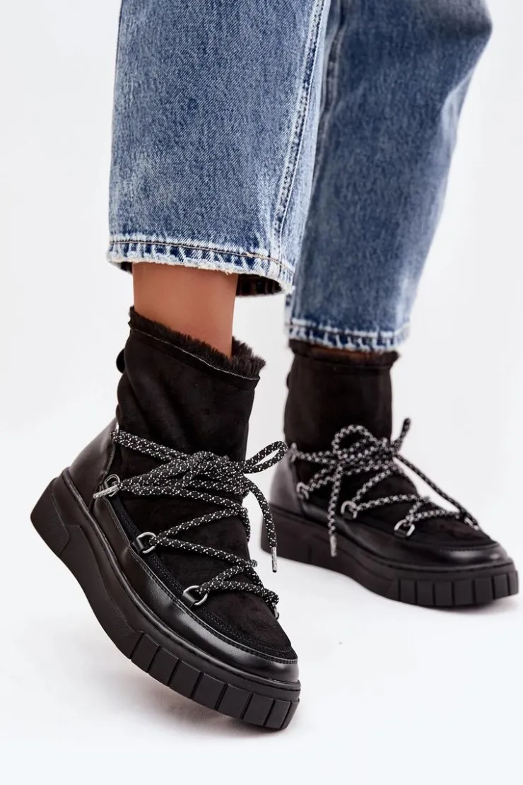 Damskie Boto Śniegowce Damskie Z Wiązaniem Czarne Isalisse