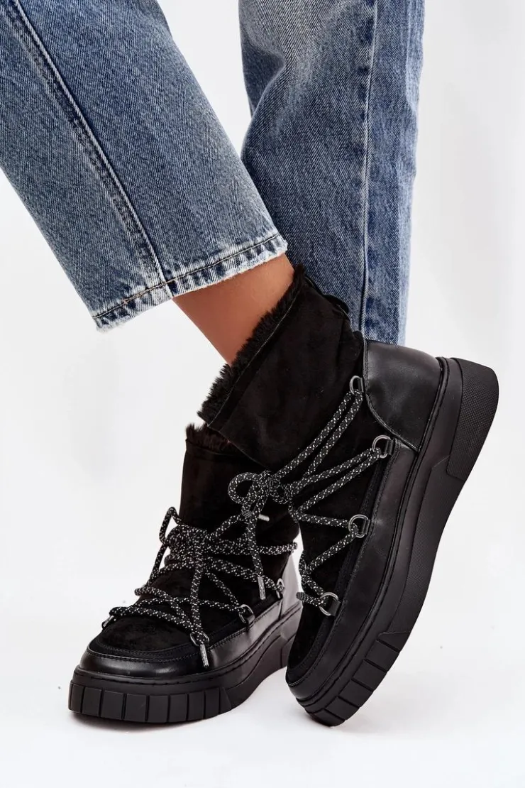 Damskie Boto Śniegowce Damskie Z Wiązaniem Czarne Isalisse