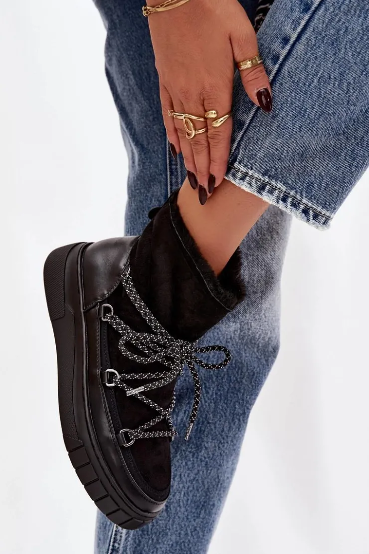 Damskie Boto Śniegowce Damskie Z Wiązaniem Czarne Isalisse