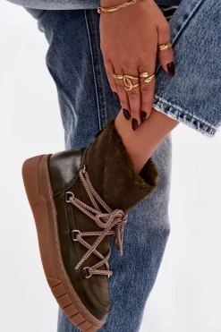 Boto Śniegowce Damskie Z Wiązaniem Ciemnozielone Isalisse Zielony