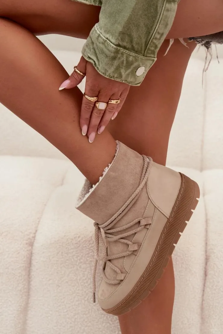 Online Boto Śniegowce Damskie Z Wiązaniem Beżowe Rebekah