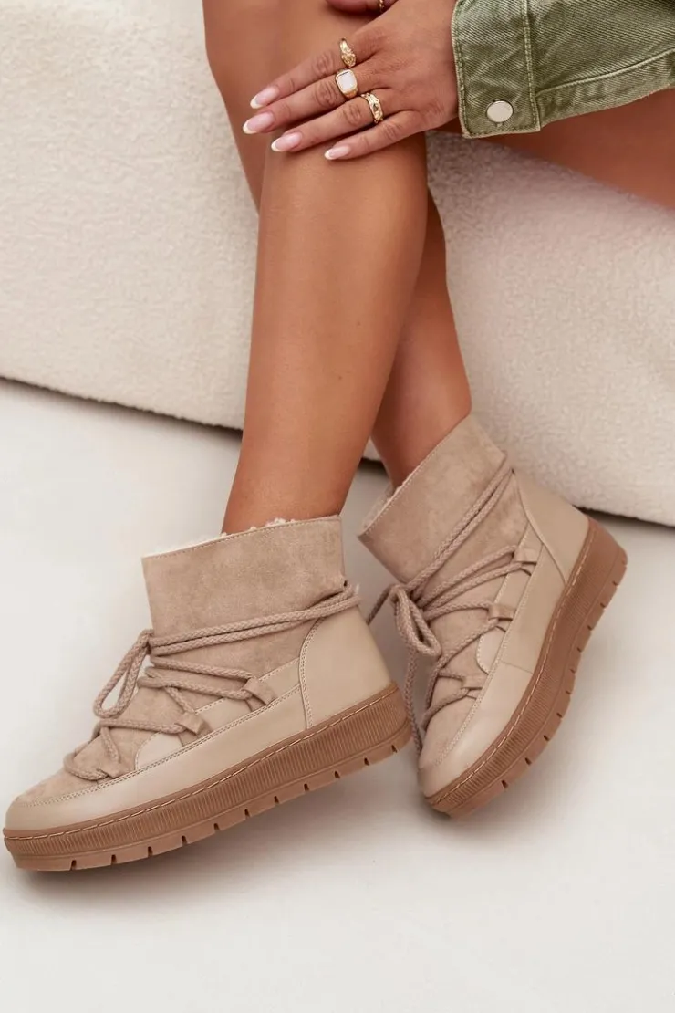 Online Boto Śniegowce Damskie Z Wiązaniem Beżowe Rebekah