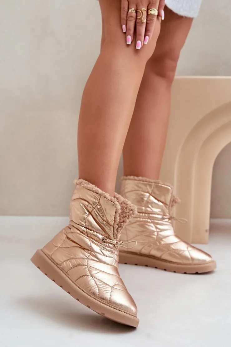 Damskie Boto Śniegowce Damskie Ze Ściągaczem Ocieplane Futerkiem Typu Baranek Różowe Złoto Vamidra