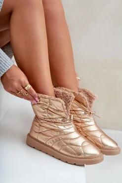 Damskie Boto Śniegowce Damskie Ze Ściągaczem Ocieplane Futerkiem Typu Baranek Różowe Złoto Vamidra