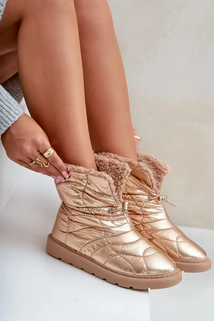 Damskie Boto Śniegowce Damskie Ze Ściągaczem Ocieplane Futerkiem Typu Baranek Różowe Złoto Vamidra