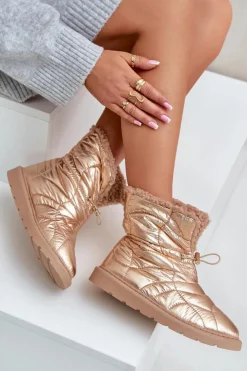 Damskie Boto Śniegowce Damskie Ze Ściągaczem Ocieplane Futerkiem Typu Baranek Różowe Złoto Vamidra