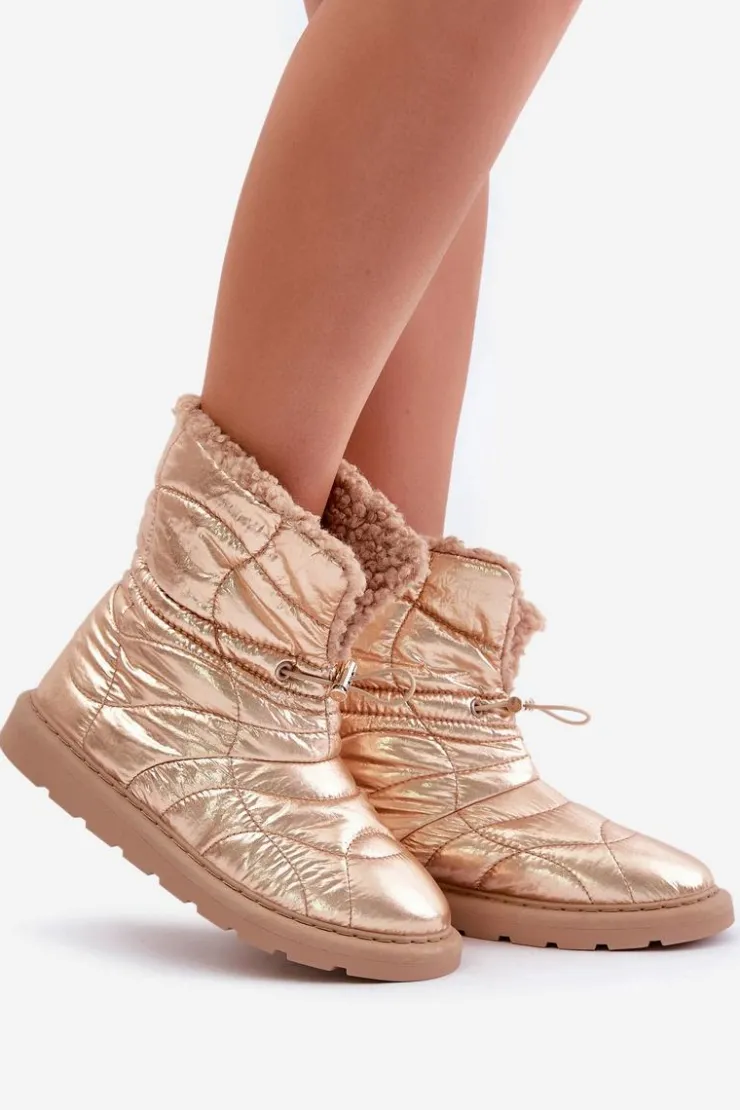 Damskie Boto Śniegowce Damskie Ze Ściągaczem Ocieplane Futerkiem Typu Baranek Różowe Złoto Vamidra