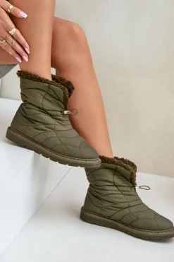 Best Boto Śniegowce Damskie Ze Ściągaczem Ocieplane Futerkiem Typu Baranek Ciemnozielone Vamidra