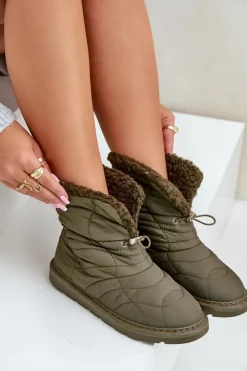 Best Boto Śniegowce Damskie Ze Ściągaczem Ocieplane Futerkiem Typu Baranek Ciemnozielone Vamidra