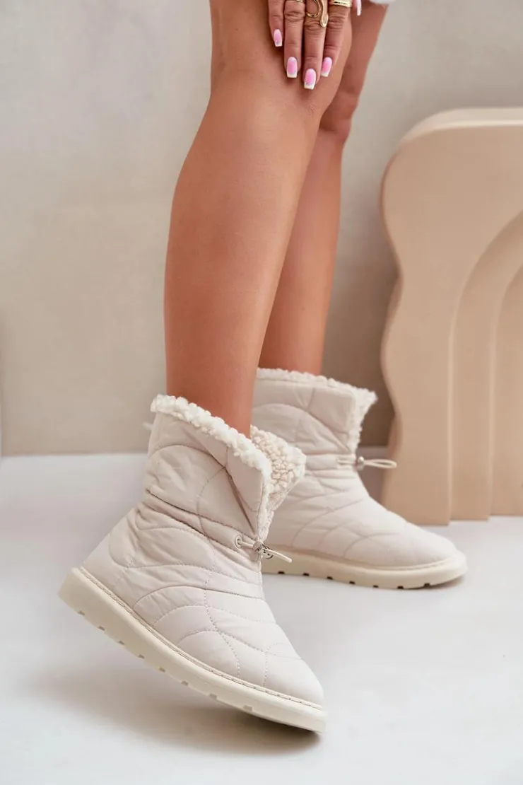 Damskie Boto Śniegowce Damskie Ze Ściągaczem Ocieplane Futerkiem Typu Baranek Jasnobeżowe Vamidra