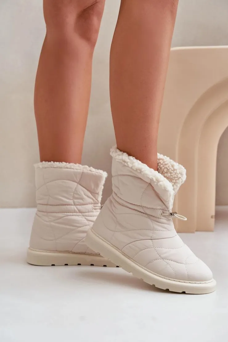 Damskie Boto Śniegowce Damskie Ze Ściągaczem Ocieplane Futerkiem Typu Baranek Jasnobeżowe Vamidra