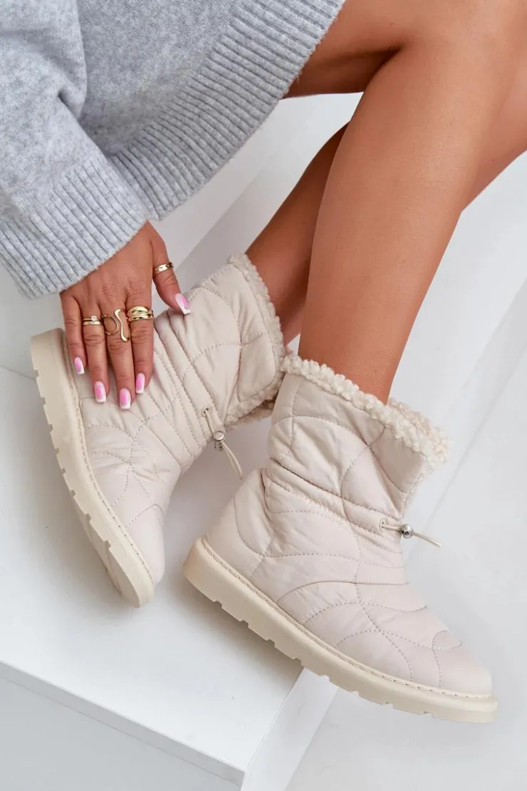 Damskie Boto Śniegowce Damskie Ze Ściągaczem Ocieplane Futerkiem Typu Baranek Jasnobeżowe Vamidra