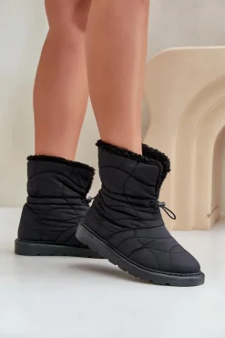 Boto Śniegowce Damskie*Śniegowce Damskie Ze Ściągaczem Ocieplane Futerkiem Typu Baranek Czarne Vamidra