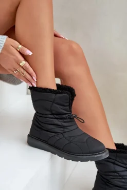 Boto Śniegowce Damskie*Śniegowce Damskie Ze Ściągaczem Ocieplane Futerkiem Typu Baranek Czarne Vamidra