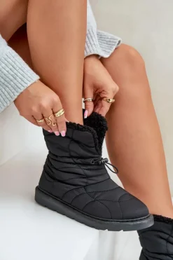 Boto Śniegowce Damskie*Śniegowce Damskie Ze Ściągaczem Ocieplane Futerkiem Typu Baranek Czarne Vamidra