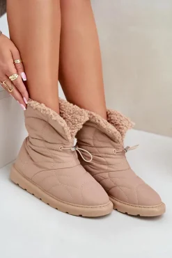 Best Boto Śniegowce Damskie Ze Ściągaczem Ocieplane Futerkiem Typu Baranek Beżowe Vamidra