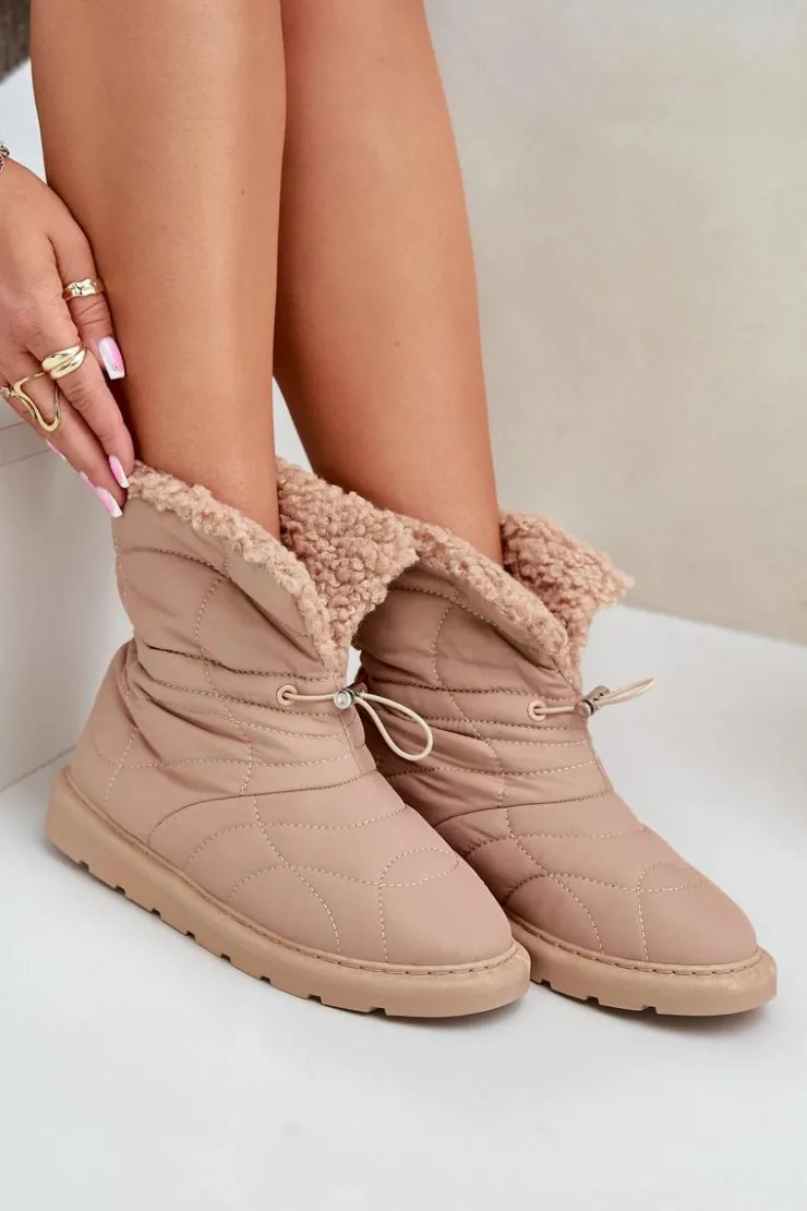 Best Boto Śniegowce Damskie Ze Ściągaczem Ocieplane Futerkiem Typu Baranek Beżowe Vamidra