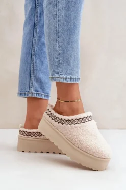 Discount Boto Śniegowce Kapcie Na Platformie Z Futerkiem Typu Baranek Jasnobeżowe Leaniella