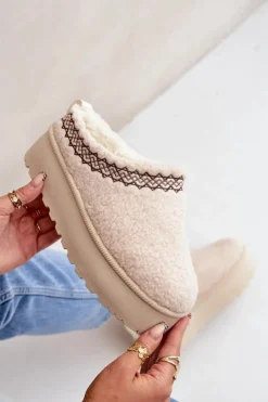 Discount Boto Śniegowce Kapcie Na Platformie Z Futerkiem Typu Baranek Jasnobeżowe Leaniella