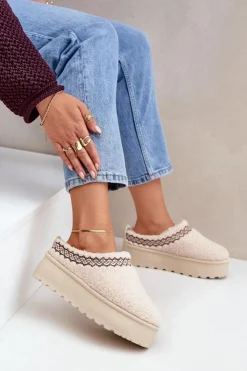 Discount Boto Śniegowce Kapcie Na Platformie Z Futerkiem Typu Baranek Jasnobeżowe Leaniella