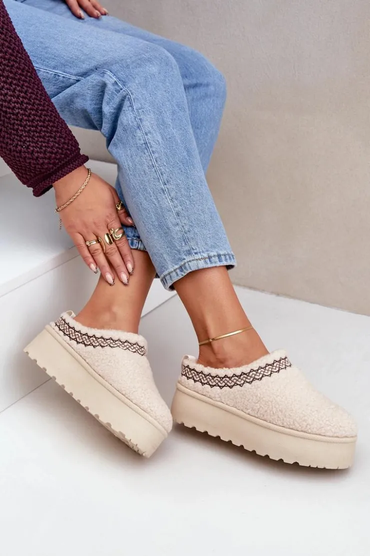 Discount Boto Śniegowce Kapcie Na Platformie Z Futerkiem Typu Baranek Jasnobeżowe Leaniella