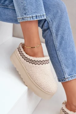 Discount Boto Śniegowce Kapcie Na Platformie Z Futerkiem Typu Baranek Jasnobeżowe Leaniella