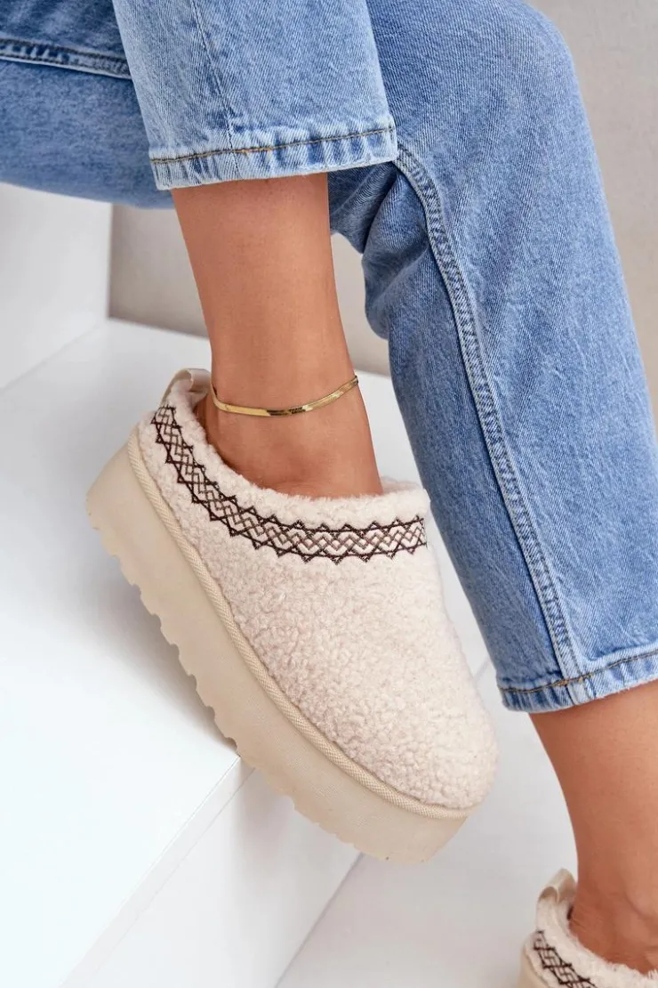 Discount Boto Śniegowce Kapcie Na Platformie Z Futerkiem Typu Baranek Jasnobeżowe Leaniella