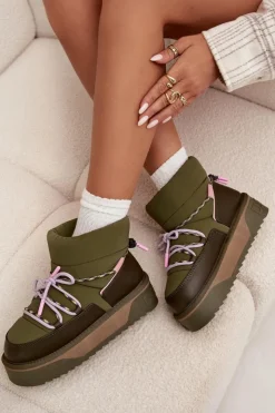 New D.Franklin Śniegowce Na Platformie DFSH371015 Khaki Zielony