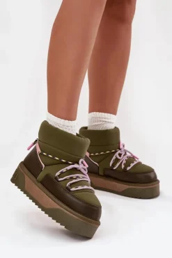 New D.Franklin Śniegowce Na Platformie DFSH371015 Khaki Zielony