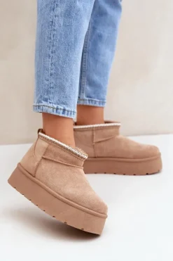 Boto Śniegowce Damskie*Śniegowce Na Platformie Z Ozdobnym Haftem Beżowe Heslania