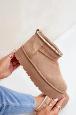 Boto Śniegowce Damskie*Śniegowce Na Platformie Z Ozdobnym Haftem Beżowe Heslania