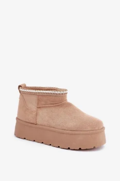 Boto Śniegowce Damskie*Śniegowce Na Platformie Z Ozdobnym Haftem Beżowe Heslania