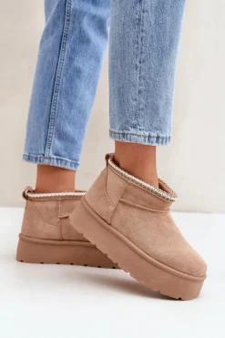 Boto Śniegowce Damskie*Śniegowce Na Platformie Z Ozdobnym Haftem Beżowe Heslania