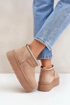 Boto Śniegowce Damskie*Śniegowce Na Platformie Z Ozdobnym Haftem Beżowe Heslania