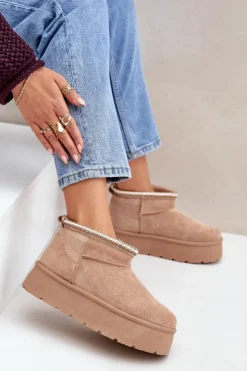 Boto Śniegowce Damskie*Śniegowce Na Platformie Z Ozdobnym Haftem Beżowe Heslania