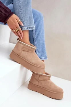 Boto Śniegowce Damskie*Śniegowce Na Platformie Z Ozdobnym Haftem Beżowe Heslania