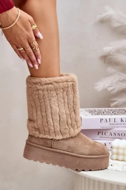 Evento Śniegowce Damskie*Śniegowce Na Platformie Z Wywiniętą Cholewką Beżowe Lisonea