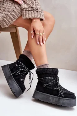 Damskie Boto Śniegowce Na Platformie Z Wiązaniem Czarne Izathiel