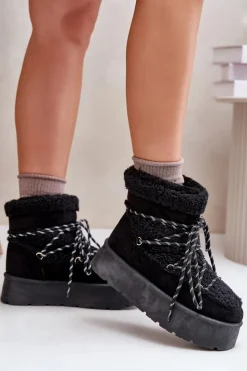 Damskie Boto Śniegowce Na Platformie Z Wiązaniem Czarne Izathiel