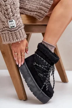 Damskie Boto Śniegowce Na Platformie Z Wiązaniem Czarne Izathiel