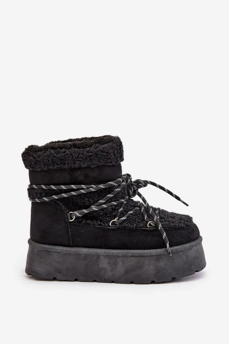 Damskie Boto Śniegowce Na Platformie Z Wiązaniem Czarne Izathiel