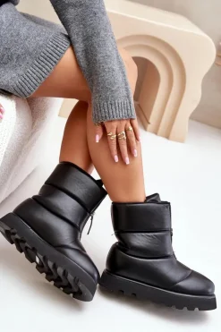 Damskie Boto Śniegowce Na Platformie Z Zamkiem Eko Skórzane Czarne Resisia