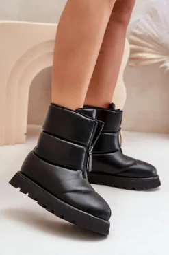 Damskie Boto Śniegowce Na Platformie Z Zamkiem Eko Skórzane Czarne Resisia