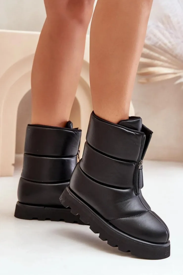 Damskie Boto Śniegowce Na Platformie Z Zamkiem Eko Skórzane Czarne Resisia