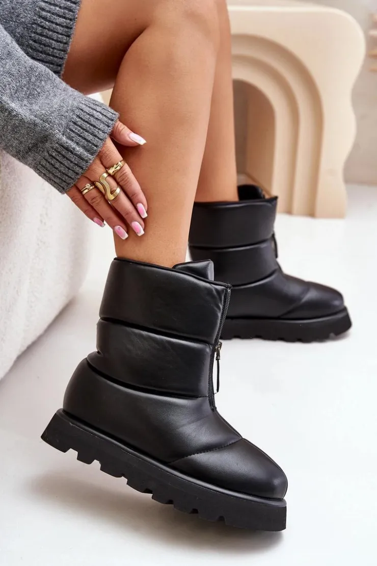 Damskie Boto Śniegowce Na Platformie Z Zamkiem Eko Skórzane Czarne Resisia